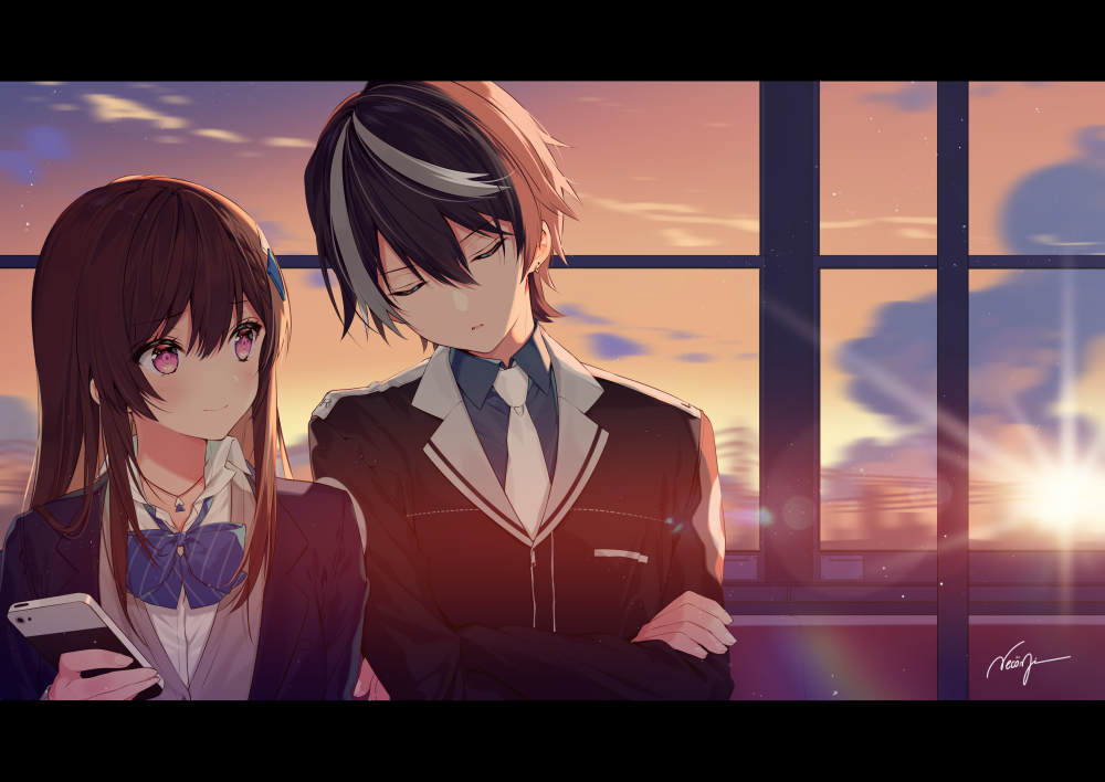 1boy 1girl bangs black_hair black_jacket blazer blue_jacket blue_neckwear blue_shirt blush bow bowtie brother_and_sister brown_hair cardigan cellphone cityscape closed_mouth cloud cocoa_music collared_shirt commentary_request crossed_arms diffraction_spikes doumyouji_cocoa doumyouji_haruto evening eyes_closed game_club_project hair_between_eyes hair_ornament head_tilt holding holding_phone indoors jacket jewelry letterboxed light_particles long_hair long_sleeves motion_blur multicolored_hair necklace necomi orange_sky phone pink_eyes power_lines school_uniform shirt short_hair siblings side-by-side sidelocks signature sitting sky smartphone smile striped striped_neckwear sunset train_interior two-tone_hair upper_body virtual_youtuber white_hair white_neckwear white_shirt wing_collar