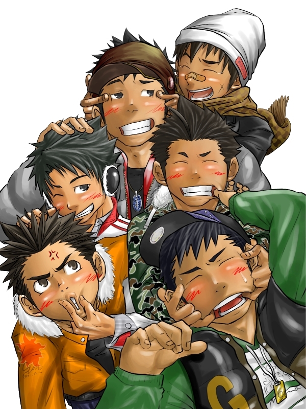 6+boys 6boys black_hair blush brown_hair clothing friends fun gray_hair grey_hair grin itto_(mentaiko) jacket male male_focus mentaiko multiple_boys playing shirt smile smirk smirking t-shirt t_shirt