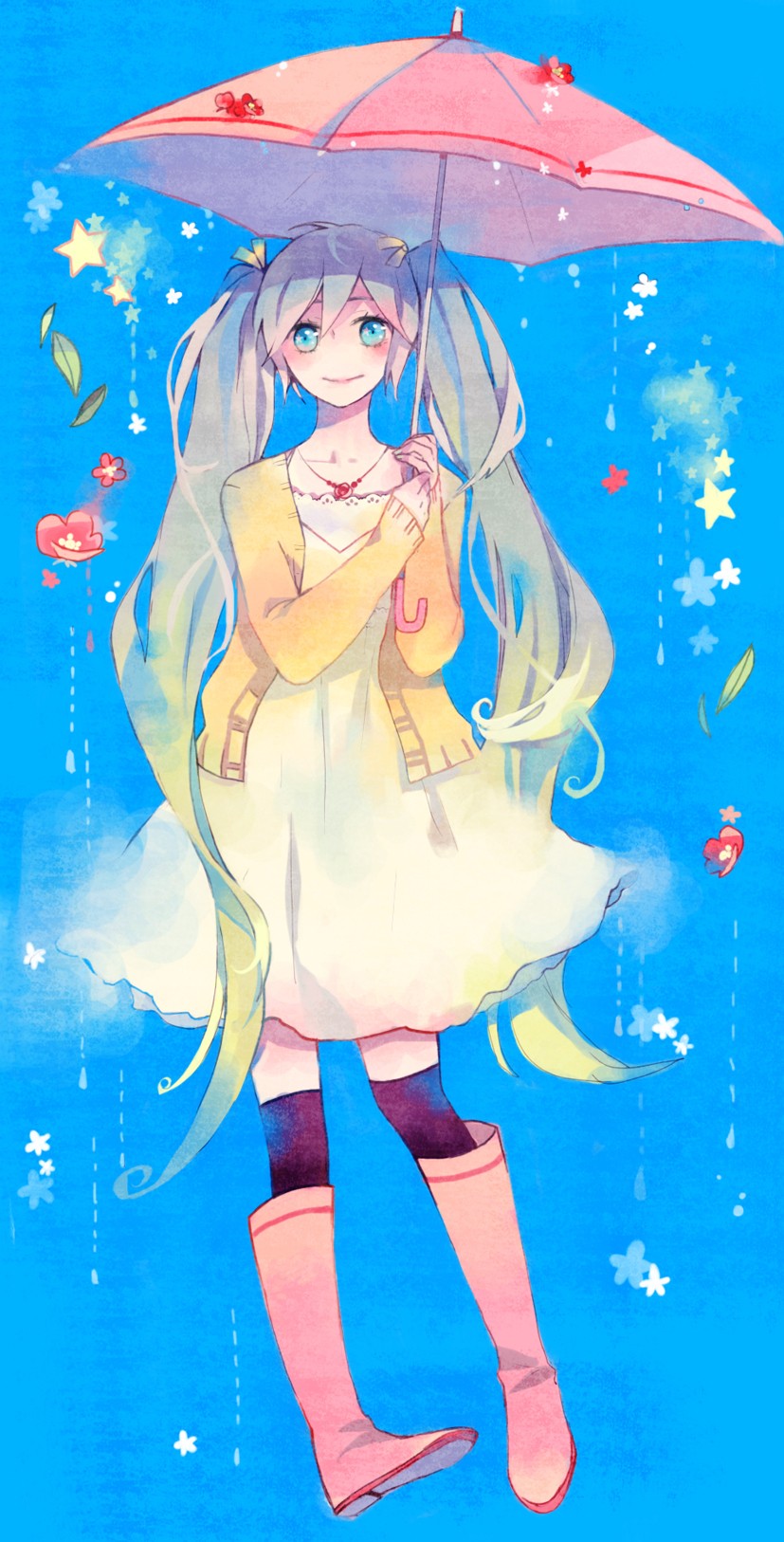 aqua_hair blue_eyes boots dress female flower full_body hatsune_miku highres jewelry kyang692 long_hair melt_(vocaloid) mig_(36th_underground) necklace smile solo star thighhighs twintails very_long_hair vocaloid zettai_ryouiki