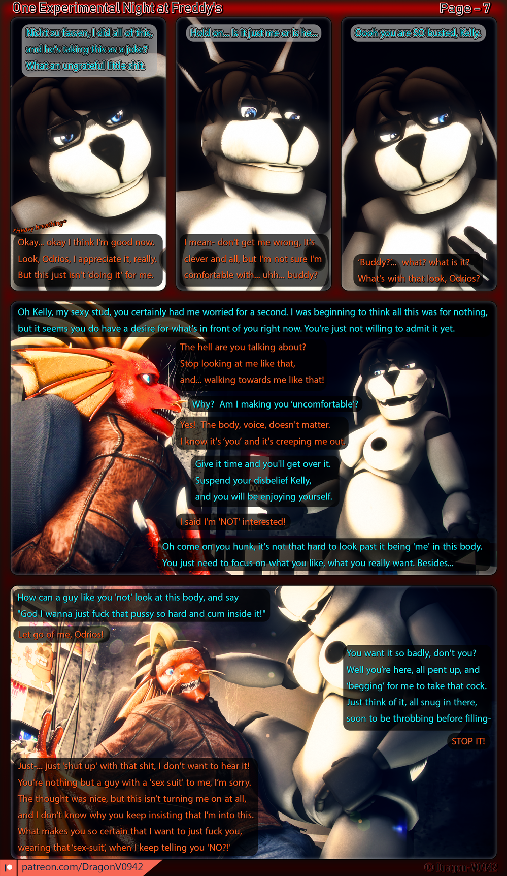 2018 3d_(artwork) animatronic anthro bloom bound breasts bulge camera chair crossgender dialogue digital_media_(artwork) dragon dragon-v0942 english_text female five_nights_at_freddy's german_text inside lagomorph lens_flare machine male mammal mathew_kelly nipples nude odrios patreon pointing presenting presenting_pussy pussy robot rope scalie smile source_filmmaker teasing text video_games wings