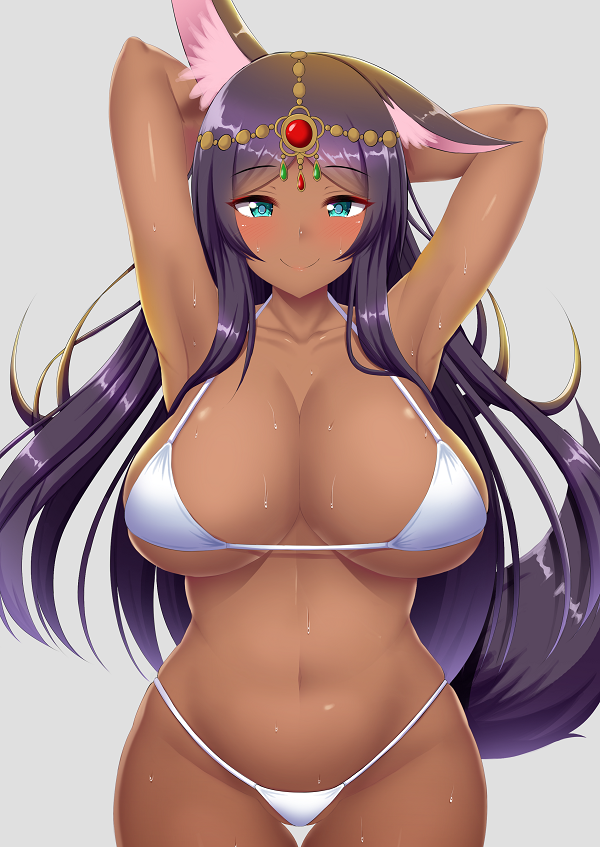 1girl animal_ears aqua_eyes arms_behind_head bikini breasts cleavage commentary_request dark_skin eyebrows_visible_through_hair fate/grand_order fate_(series) gem grey_background head_chain jewelry kisaragi_nana large_breasts long_hair looking_at_viewer micro_bikini navel purple_hair queen_of_sheba_(fate/grand_order) smile solo standing swimsuit