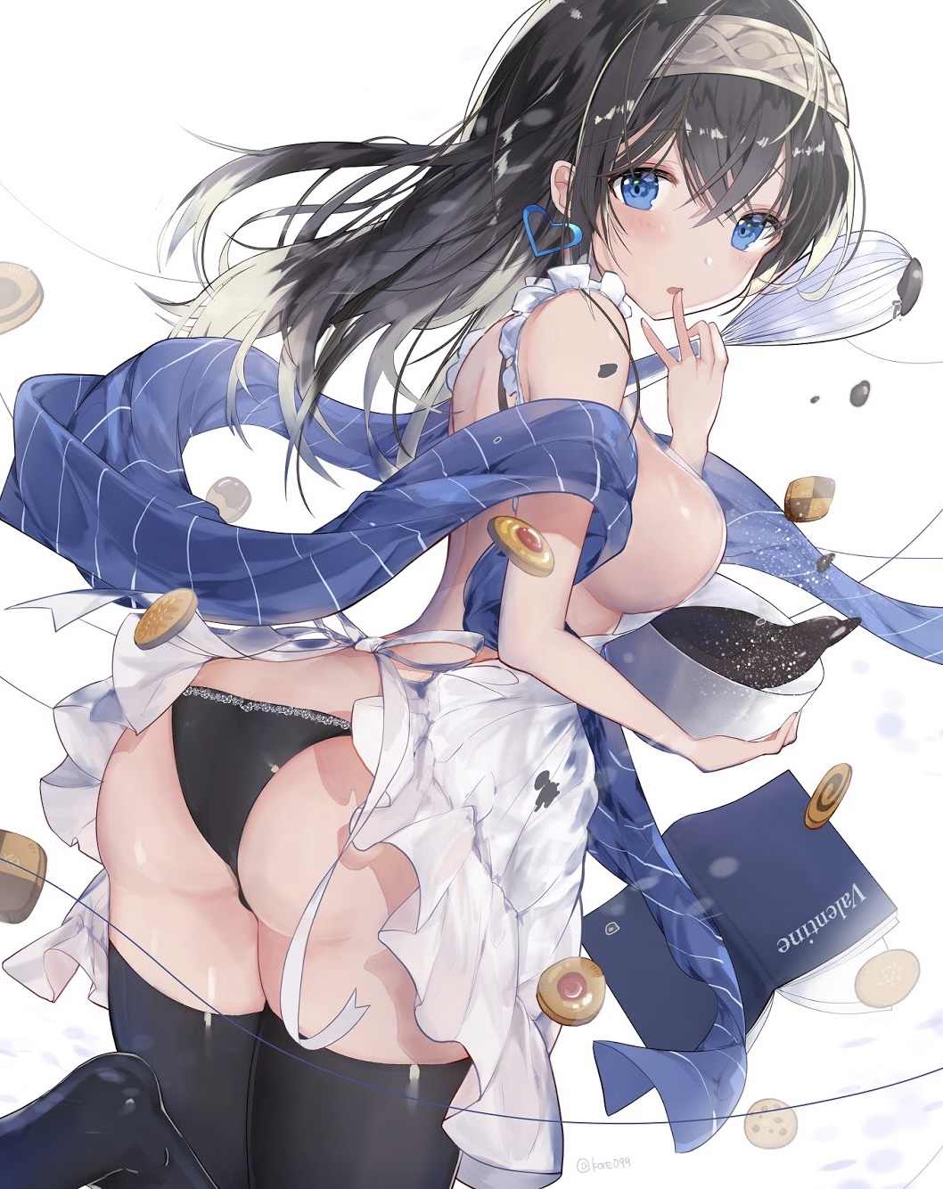 1girl apron ass black_hair blue_eyes blush book breasts chocolate cookie earrings english_text finger_to_mouth food frills hairband hanakanzarashi heart heart_earrings highres idolmaster idolmaster_cinderella_girls jewelry large_breasts leg_up long_hair looking_at_viewer looking_back mixing_bowl naked_apron panties sagisawa_fumika shawl sideboob simple_background solo thighhighs twitter_username underwear whisk white_background