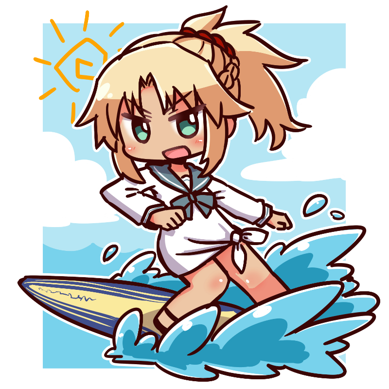 :d bangs blonde_hair blue_bow blue_sailor_collar blue_sky blush bow braid chibi cloud day fate/grand_order fate_(series) green_eyes hair_ornament hair_scrunchie long_hair long_sleeves mordred_(fate)_(all) mordred_(swimsuit_rider)_(fate) naga_u open_mouth parted_bangs ponytail red_scrunchie sailor_collar sailor_shirt scrunchie shirt sidelocks sky smile solo standing sun_(symbol) surfing tan tied_shirt v-shaped_eyebrows water white_shirt
