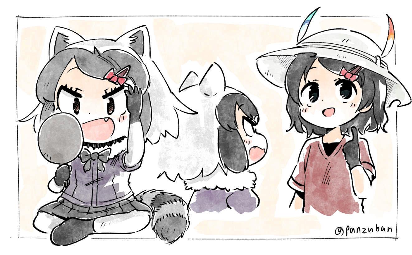 2girls :d artist_name black_eyes black_hair commentary common_raccoon_(kemono_friends) fang fur_collar hair_ornament hairclip hat hat_feather kaban_(kemono_friends) kemono_friends mirror multiple_girls open_mouth panzuban pointing pointing_at_self raccoon_tail red_shirt shirt short_hair short_sleeves simple_background smile tail twintails twitter_username white_background white_hair white_hat