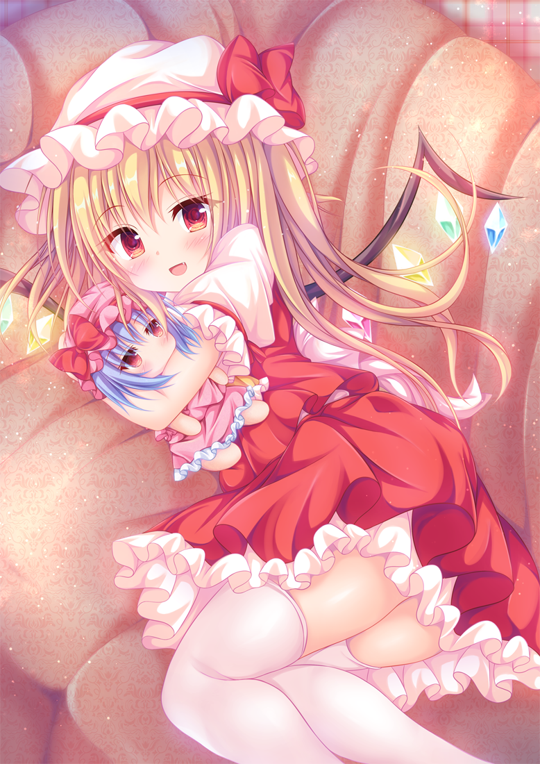 1girl blonde_hair blush character_doll commentary_request crystal eyebrows_visible_through_hair fang flandre_scarlet hat long_hair looking_at_viewer manma_(manmamia) open_mouth puffy_short_sleeves puffy_sleeves red_eyes red_skirt remilia_scarlet short_sleeves side_ponytail skirt smile solo thighhighs touhou white_hat white_legwear wings