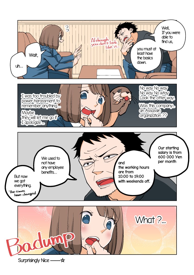 1girl 4koma black_hair blue_eyes bob_cut brown_hair comic facial_hair formal nishino_kanako office_lady original otter stubble suit tears translated wakabayashi_toshiya