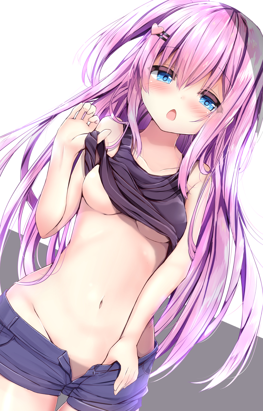 1girl :o bangs bare_arms bare_shoulders black_tank_top blue_eyes blue_shorts blush breasts chestnut_mouth collarbone commentary_request eyebrows_visible_through_hair grey_background groin hair_between_eyes hair_ornament hairclip heart heart_hair_ornament highres kouda_suzu lifted_by_self long_hair medium_breasts navel open_clothes open_fly open_mouth open_shorts original pink_hair pulled_by_self purple_hair short_sleeves shorts shorts_pull solo tank_top tank_top_lift two-tone_background two_side_up unbuttoned underboob very_long_hair white_background