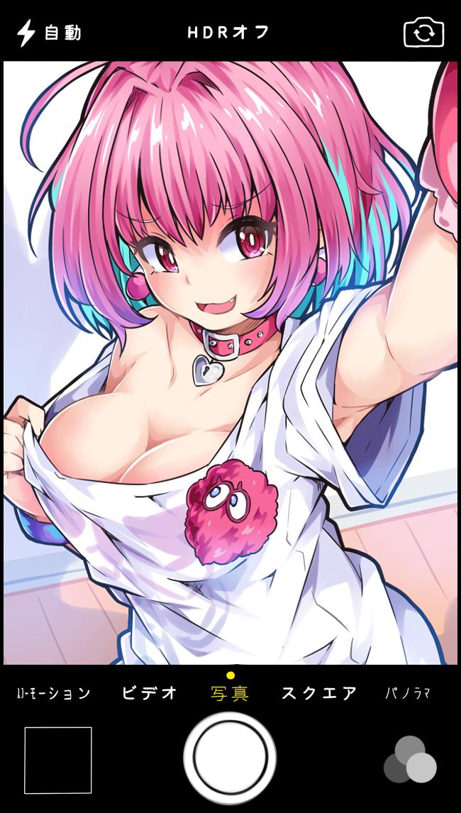 1girl :d arm_up armpits bangs bare_shoulders blue_hair blush breasts choker cleavage commentary_request earrings eyebrows_visible_through_hair fang hair_intakes heart idolmaster idolmaster_cinderella_girls indoors ishimu jewelry large_breasts looking_at_viewer multicolored_hair off-shoulder_shirt off_shoulder open_mouth phone_screen pill_earrings pink_choker pink_eyes pink_hair shirt short_hair smile solo streaked_hair t-shirt translation_request upper_body white_shirt wooden_floor yumemi_riamu