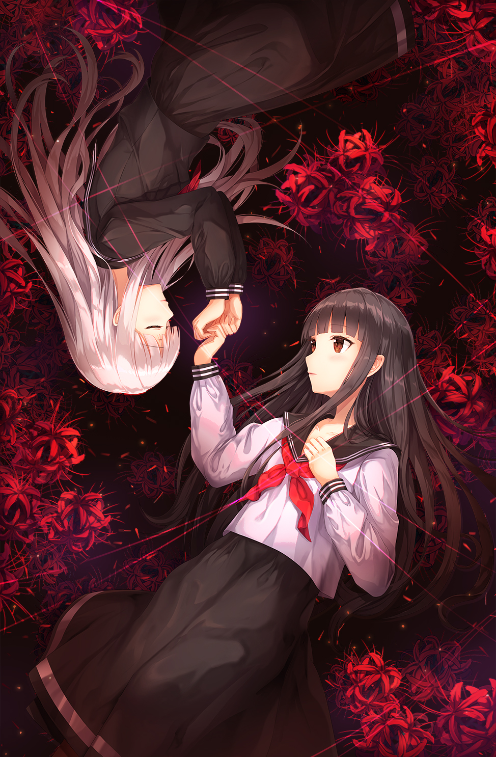 2girls black_hair black_sailor_collar black_serafuku black_shirt black_skirt blush brown_eyes closed_mouth commentary_request facing_another flower highres long_hair long_sleeves looking_at_another lunacle lying multiple_girls neckerchief on_side original red_flower red_neckwear sailor_collar school_uniform serafuku shirt silver_hair skirt sleeves_past_wrists spider_lily very_long_hair white_shirt