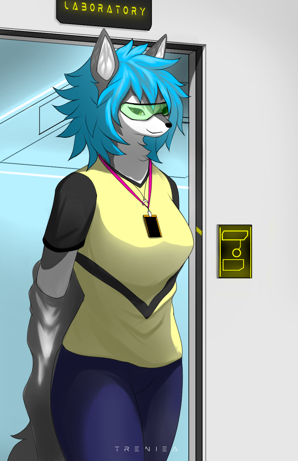 anthro blue_hair bottomwear canid canine canis clothing coat denim denim_clothing eyewear female glasses hair hi_res jeans lab_coat looking_at_viewer lucy(professor) mammal pants science_fiction shirt solo topwear treniea wolf yellow_eyes