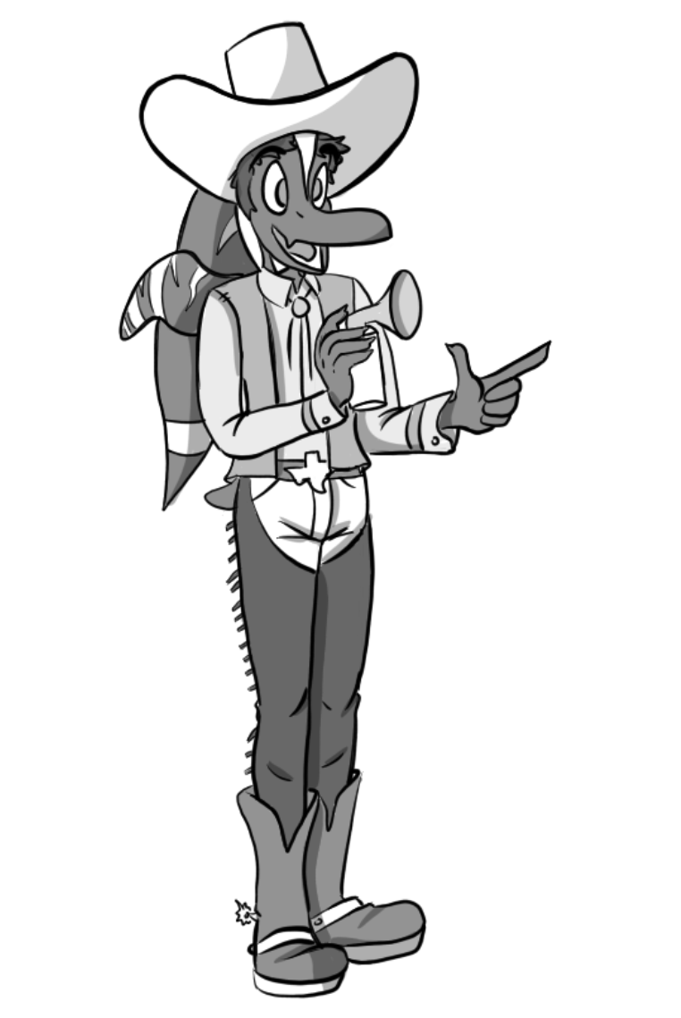 airhorn anthro boots chaps clothing cowboy_bebop cowboy_boots cowboy_hat cowboy_outfit dinosaur footwear goodbye_volcano_high hat headgear headwear long_snout looking_at_viewer male monochrome naser_(gvh) open_mouth pterodactylus pterosaur reptile scalie scar seven_(artist) sketch snoot_game_(fan_game) snout solo standing video_games wings