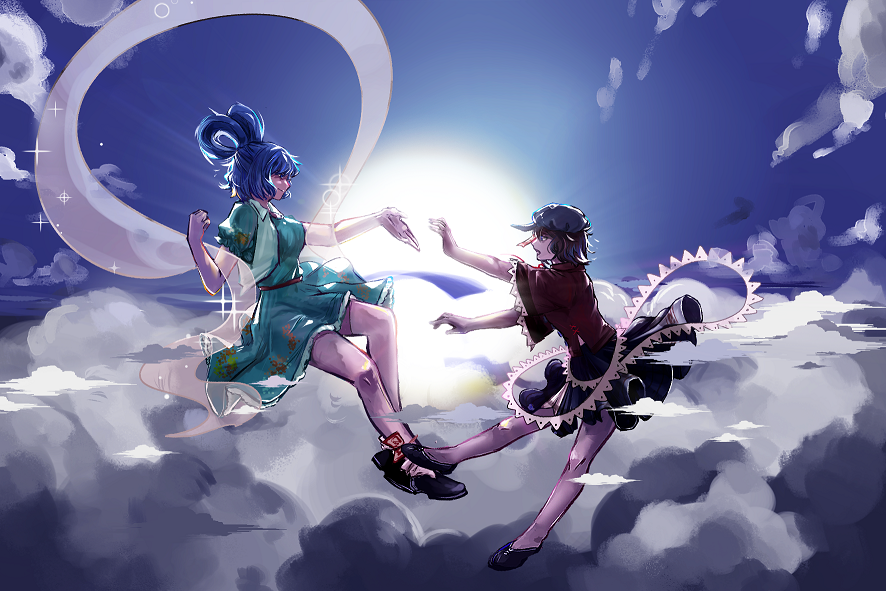 2girls above_clouds bangs black_footwear black_skirt blue_dress blue_hair blue_sky breasts cabbie_hat cloud collared_vest commentary day dress flying full_body hagoromo hair_rings hat jiangshi kaku_seiga lace-trimmed_sleeves lace_trim looking_at_another medium_breasts miyako_yoshika multiple_girls ofuda open_clothes open_mouth open_vest outdoors outstretched_arms puffy_short_sleeves puffy_sleeves purple_hair purple_headwear red_shirt rlwezar shawl shirt shoes short_sleeves skirt sky sparkle sun touhou vest wide_sleeves zombie_pose