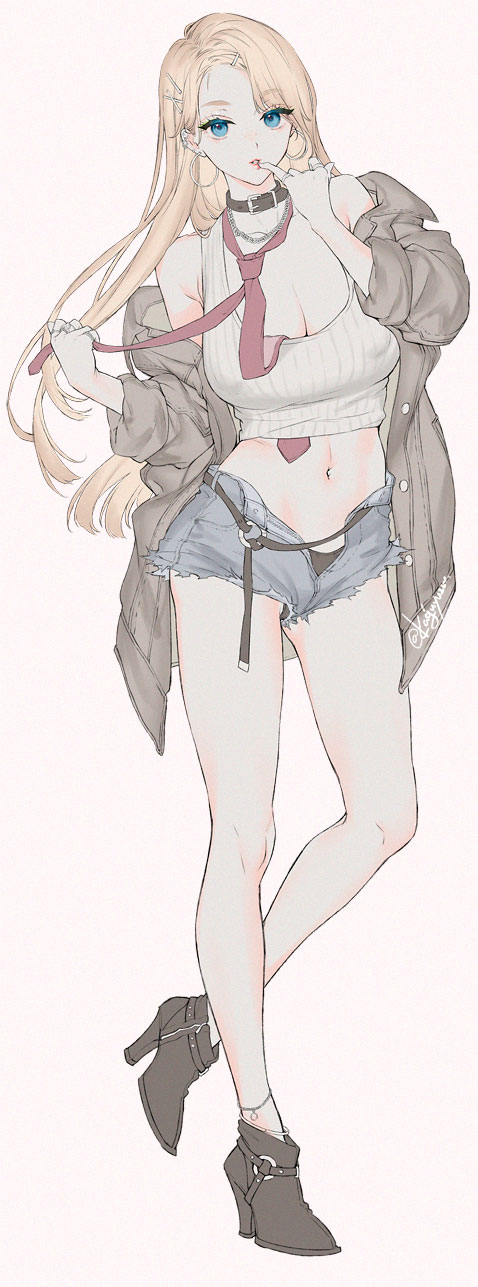 1girl anklet bangs bare_legs bare_shoulders belt_collar blonde_hair blue_eyes boots breasts cleavage coat collar contrapposto covered_nipples crop_top cutoffs denim denim_shorts earrings finger_to_mouth full_body highres hoop_earrings jewelry kaguyuzu large_breasts long_hair looking_at_viewer loose_necktie midriff navel necktie open_clothes open_coat open_fly original panties_under_shorts parted_bangs ribbed_shirt shirt short_shorts shorts solo standing standing_on_one_leg tank_top white_shirt