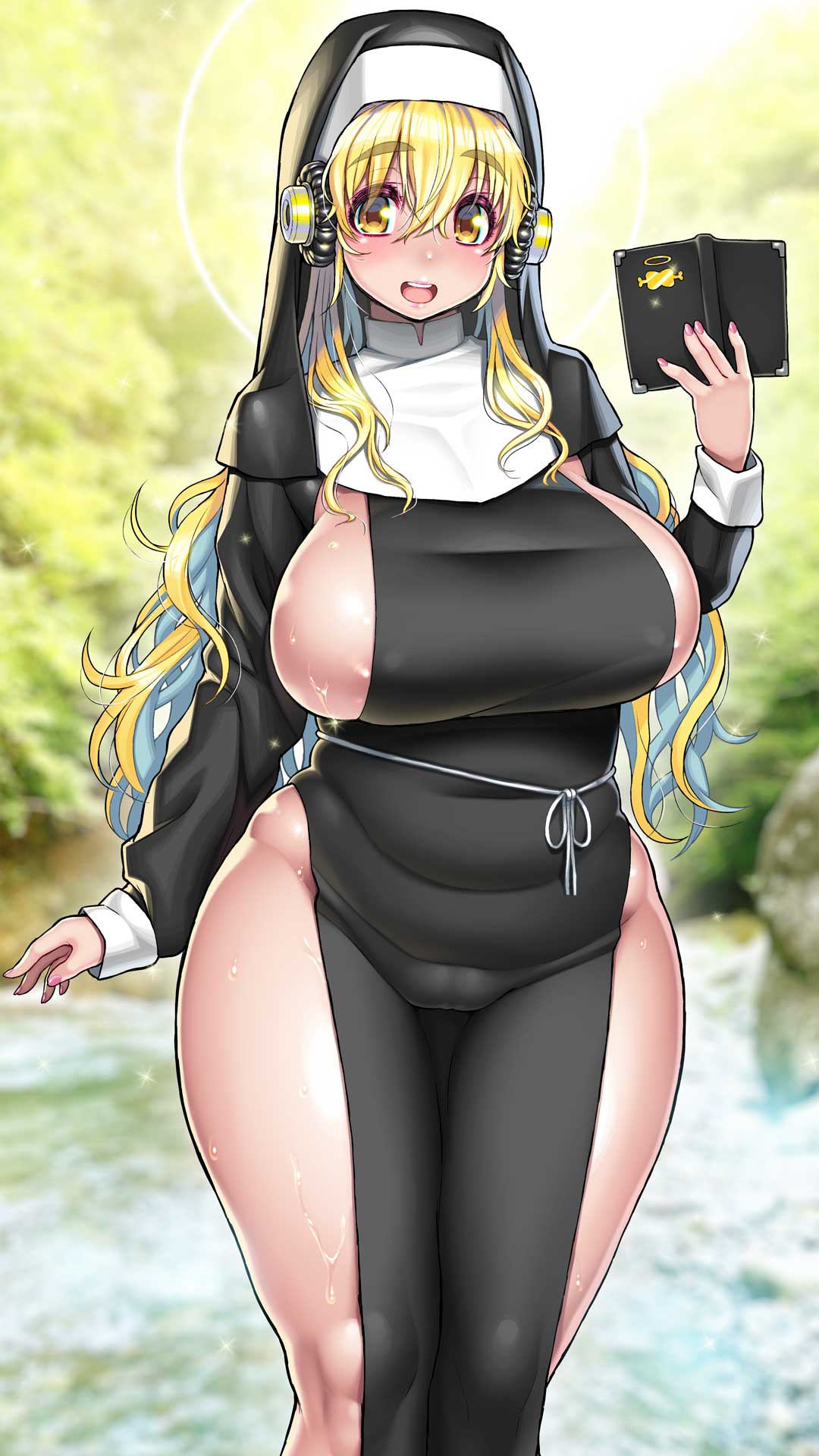 1girl belly black_dress blonde_hair breasts clothing_cutout cowboy_shot dress fat good_meat_day habit headphones highres huge_breasts long_dress looking_at_viewer meat_day nitroplus nun orange_eyes pelvic_curtain plump short_hair side_slit solo super_pochaco thick_thighs thighs tsuji_santa twintails