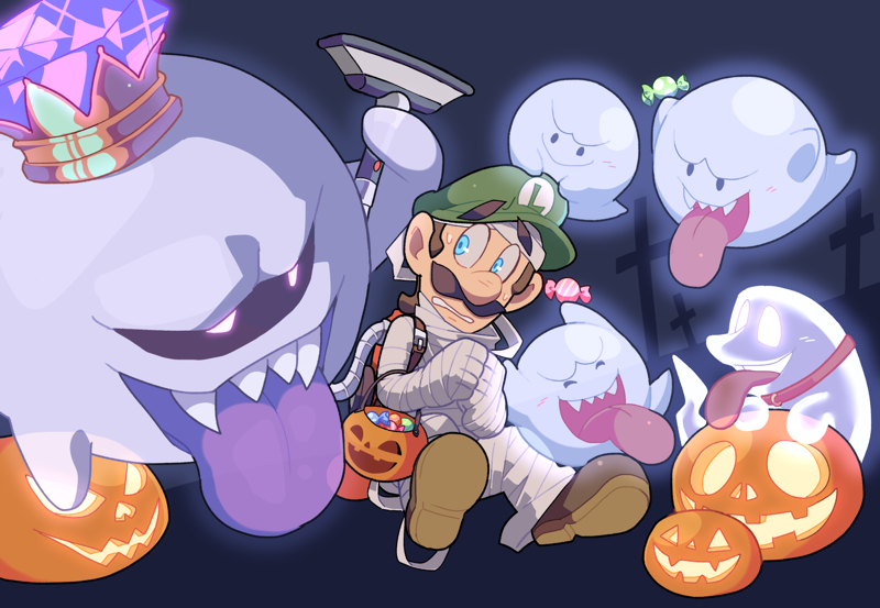 1boy bandages blue_eyes boo_(mario) brown_footwear brown_hair candy cross crown facial_hair food full_body gem ghost glowing glowing_eyes green_headwear halloween halloween_bucket halloween_costume hands_up hat holding holding_candy holding_food hoshikuzu_pan jack-o'-lantern king_boo looking_at_another luigi luigi's_mansion luigi's_mansion_3 mario_(series) mummy_costume mustache open_mouth poltergust_g-00 polterpup pumpkin raised_eyebrows scared sharp_teeth shoes short_hair smile sweatdrop teeth tombstone tongue tongue_out vacuum_cleaner