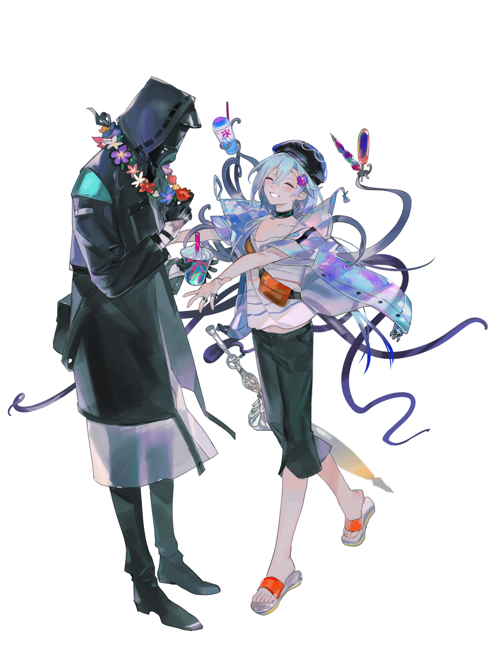 1boy 1other arknights beret black_gloves black_jacket black_pants blue_hair blue_jacket closed_eyes cup doctor_(arknights) earrings fanny_pack flower_wreath food full_body gloves hair_ornament hairpin hat highres holding holding_cup holding_food hood hooded_jacket jacket jewelry mask mizuki_(arknights) pants sandals shirt simple_background single_earring smile tentacles tobi0728 white_background white_shirt
