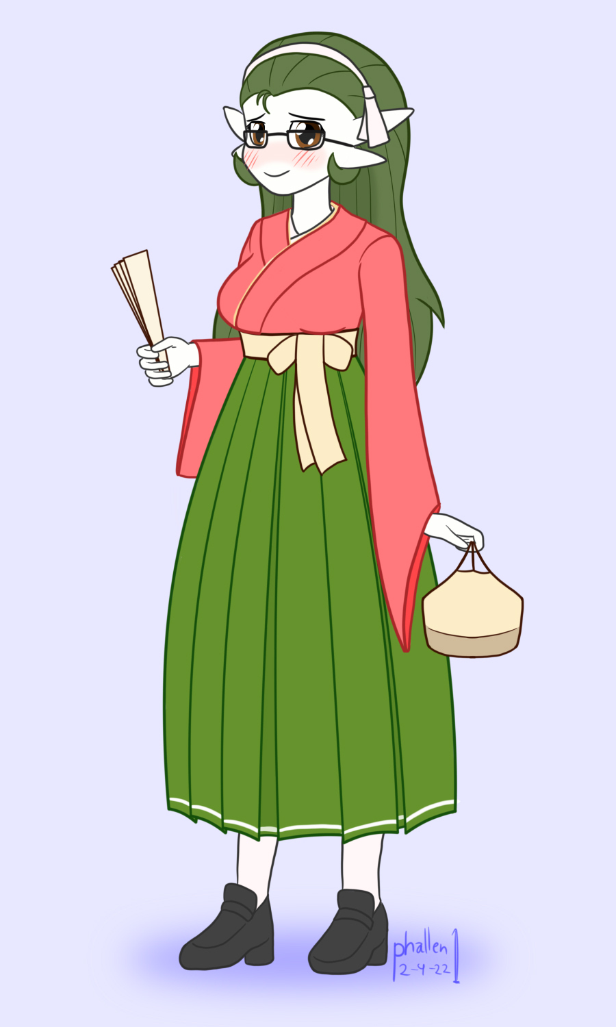 2022 accessory asian_clothing big_breasts blush blush_lines bottomwear breasts brown_eyes clothing east_asian_clothing eyewear female gardevoir generation_3_pokemon glasses green_hair hair hair_accessory hairband hakama hi_res humanoid japanese_clothing long_hair looking_at_viewer mina_evaline nintendo not_furry paper_fan phallen1 pokemon pokemon_(species) pokemon_legends_arceus purple_background signature simple_background smile smiling_at_viewer solo video_games