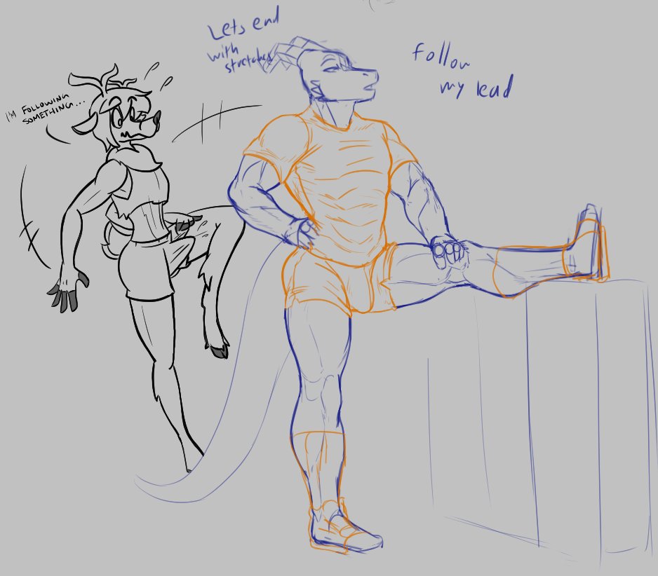 anthro antlers bulge cervid clothed clothing dialogue dragon duo english_text erection erection_under_clothing hair horn male mammal monochrome narija reptile scalie seven_(artist) sketch stretching text
