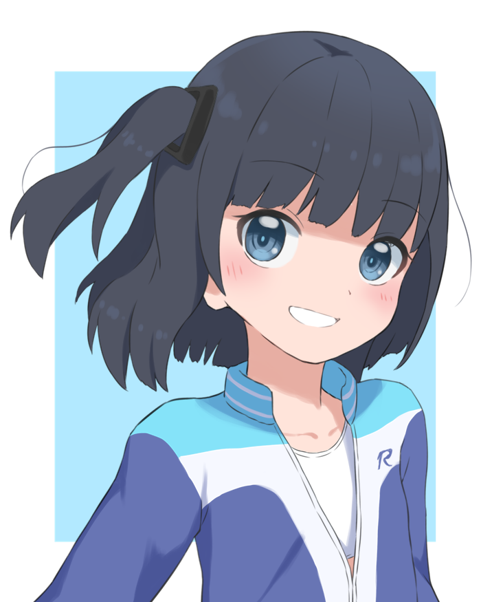 1girl bangs black_hair blue_background blue_eyes blue_jacket bubukka female_child himenogi_rinze jacket long_sleeves looking_at_viewer love_r multicolored_clothes multicolored_jacket revision short_hair side_ponytail smile solo two-tone_background upper_body white_jacket