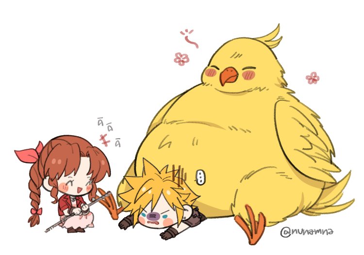 ... 1boy 1girl aerith_gainsborough armor bangs bird blonde_hair blue_eyes blush braid braided_ponytail brown_gloves chibi chocobo closed_eyes cloud_strife dress fat_chocobo final_fantasy final_fantasy_vii final_fantasy_vii_remake gloves hair_ribbon holding holding_staff jacket long_hair lying nunamna on_stomach open_mouth parted_bangs pink_dress pink_ribbon red_jacket ribbon short_hair short_sleeves shoulder_armor sidelocks sitting sitting_on_person smile spiked_hair squatting staff twitter_username wavy_mouth white_background