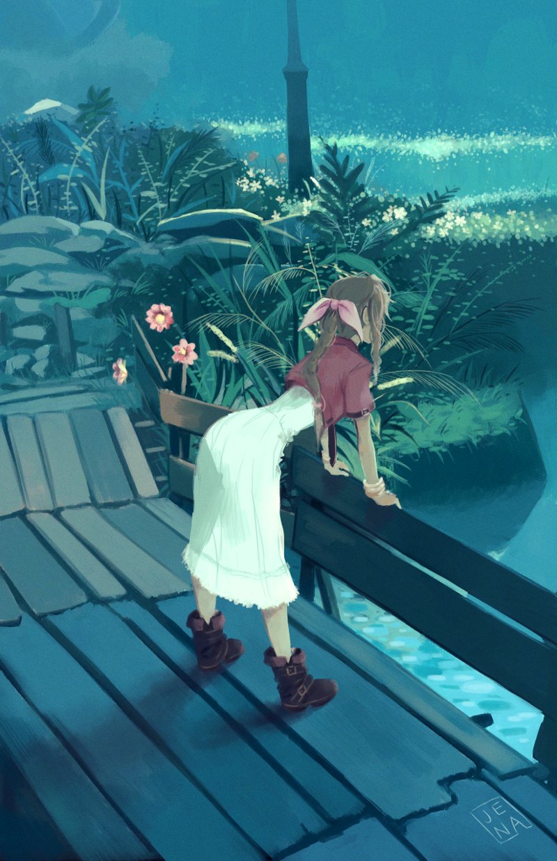 1girl aerith_gainsborough bangle bent_over boots bracelet braid braided_ponytail brown_footwear cropped_jacket dress facing_away final_fantasy final_fantasy_vii final_fantasy_vii_remake flower full_body garden hair_ribbon highres jacket jena_(mintycolors) jewelry leaning_on_rail long_dress long_hair outdoors pink_flower pink_ribbon red_jacket ribbon short_sleeves sidelocks signature solo white_dress