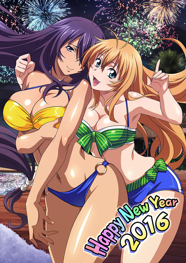 2girls :d antenna_hair bangs bare_arms bikini bikini_shorts blonde_hair blue_bikini blue_eyes blue_shorts breasts cleavage closed_mouth collarbone cowboy_shot criss-cross_halter fang fireworks floating_hair front-tie_bikini_top front-tie_top grey_eyes groin hair_between_eyes halterneck happy_new_year ikkitousen kan'u_unchou large_breasts long_hair low-tied_long_hair mismatched_bikini multiple_girls navel night o-ring o-ring_bikini open_mouth purple_hair shiny shiny_hair shiny_skin short_shorts shorts smile sonsaku_hakufu standing striped striped_bikini swimsuit very_long_hair yellow_bikini