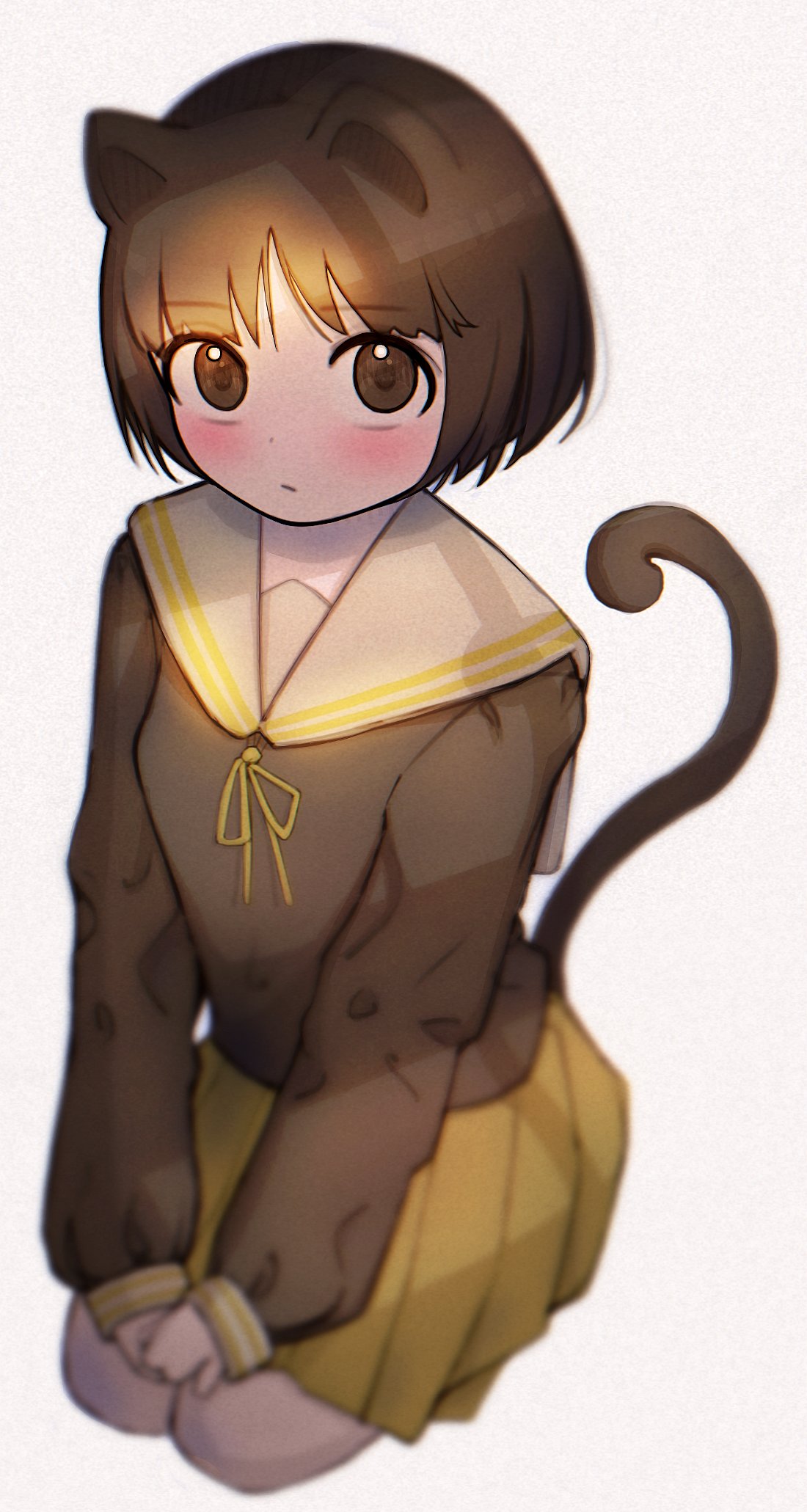 1girl amagami animal_ears bangs black_eyes black_serafuku blunt_bangs blurry blush bob_cut brown_eyes brown_hair cat_ears cat_tail closed_mouth commentary depth_of_field expressionless from_above full_body hands_on_lap highres long_sleeves looking_at_viewer looking_up neck_ribbon on_ground own_hands_together pleated_skirt rabiyamarabi ribbon sailor_collar school_uniform seiza serafuku short_hair simple_background sitting skirt solo tachibana_miya tail texture upturned_eyes white_background white_sailor_collar yellow_ribbon yellow_skirt