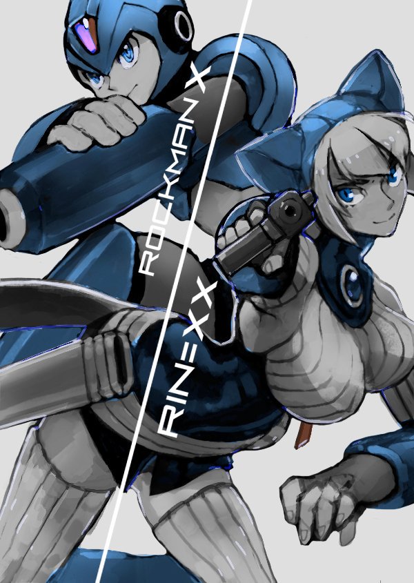 1boy 1girl android animal_hood arm_cannon blue_eyes breasts breath_of_fire breath_of_fire_v cat_hood closed_mouth dress fingerless_gloves gloves helmet hood horocca lin_(breath_of_fire) looking_at_viewer mega_man_(series) mega_man_x_(character) mega_man_x_(series) short_hair simple_background smile tail thighhighs weapon