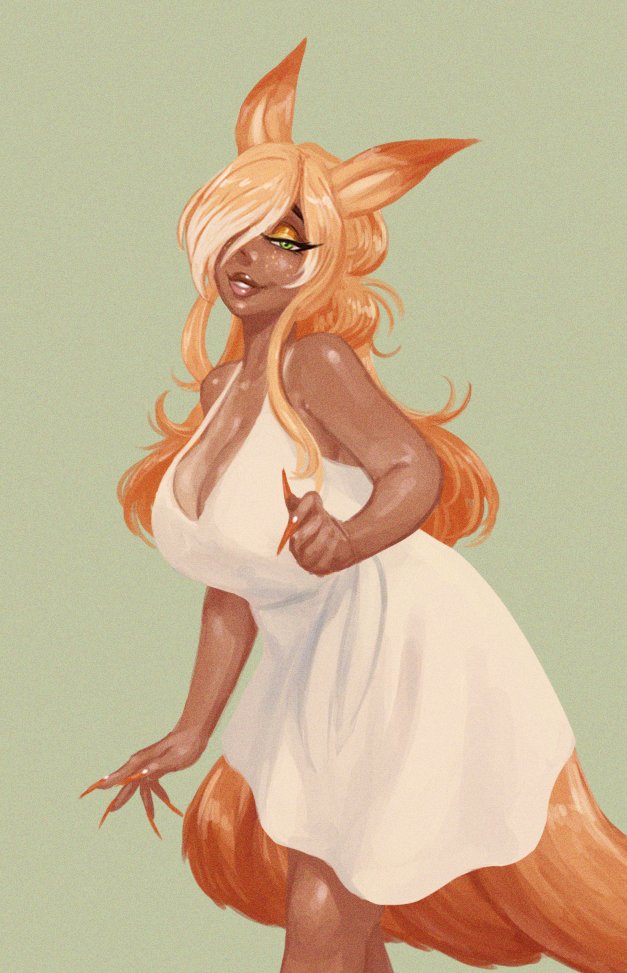 2022 animal_humanoid big_breasts breasts canid canid_humanoid canine canine_humanoid clothed clothing colored_nails creamsicle_(glacierclear) digital_media_(artwork) dress female fox fox_humanoid foxtrot_(glacierclear) gold_eyeshadow green_eyes hadmyway hair hair_over_eye humanoid long_hair long_nails looking_at_viewer mammal mammal_humanoid multi_tail nails one_eye_obstructed orange_ears orange_hair orange_nails orange_tail short_dress simple_background smile solo sundress suntan tan_line trans_(lore) trans_woman_(lore) white_clothing white_dress