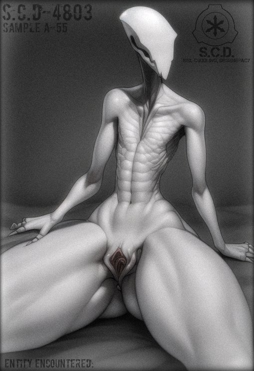 2d_(artwork) andromorph bed claws eyeless flat_chested furniture genitals humanoid intersex long_neck nightmare_fuel no_ears on_bed pussy s.c.d-foudation sitting sitting_on_bed slim thick_thighs white_body