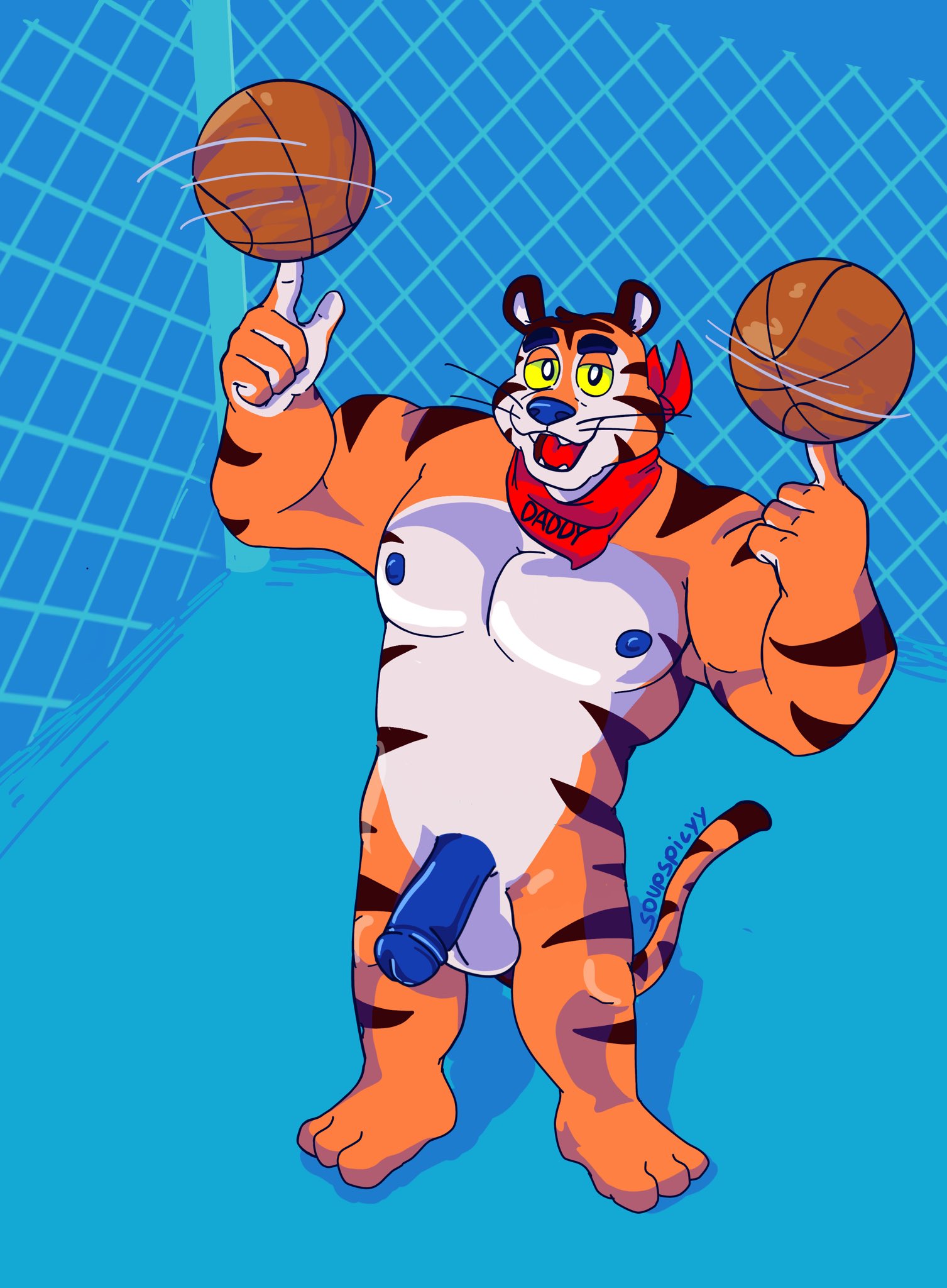 3_toes 5_fingers anthro ball balls bandanna bandanna_only barefoot basketball_(ball) biceps black_eyes black_stripes blue_nipples blue_nose blue_penis bulge clothed clothing countershading erection feet felid fence fingers frosted_flakes fur genitals half-closed_eyes hi_res high-angle_view kellogg's kerchief kerchief_only looking_at_viewer male mammal markings mascot mostly_nude multicolored_body muscular muscular_male narrowed_eyes nipples nude open_mouth orange_body orange_fur pantherine pecs penis shadow simple_background smile solo soupspicyy standing striped_body striped_fur stripes text_on_bandanna tiger toes tony_the_tiger topless whiskers yellow_sclera