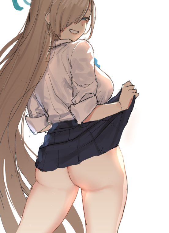 1girl ass asuna_(blue_archive) azuse_neko blue_archive blue_skirt breasts brown_hair clothes_lift flashing from_behind grin hair_over_one_eye halo large_breasts lifted_by_self long_hair looking_at_viewer looking_back no_panties pleated_skirt shirt simple_background sketch skirt skirt_lift sleeves_past_elbows smile solo very_long_hair white_background white_shirt