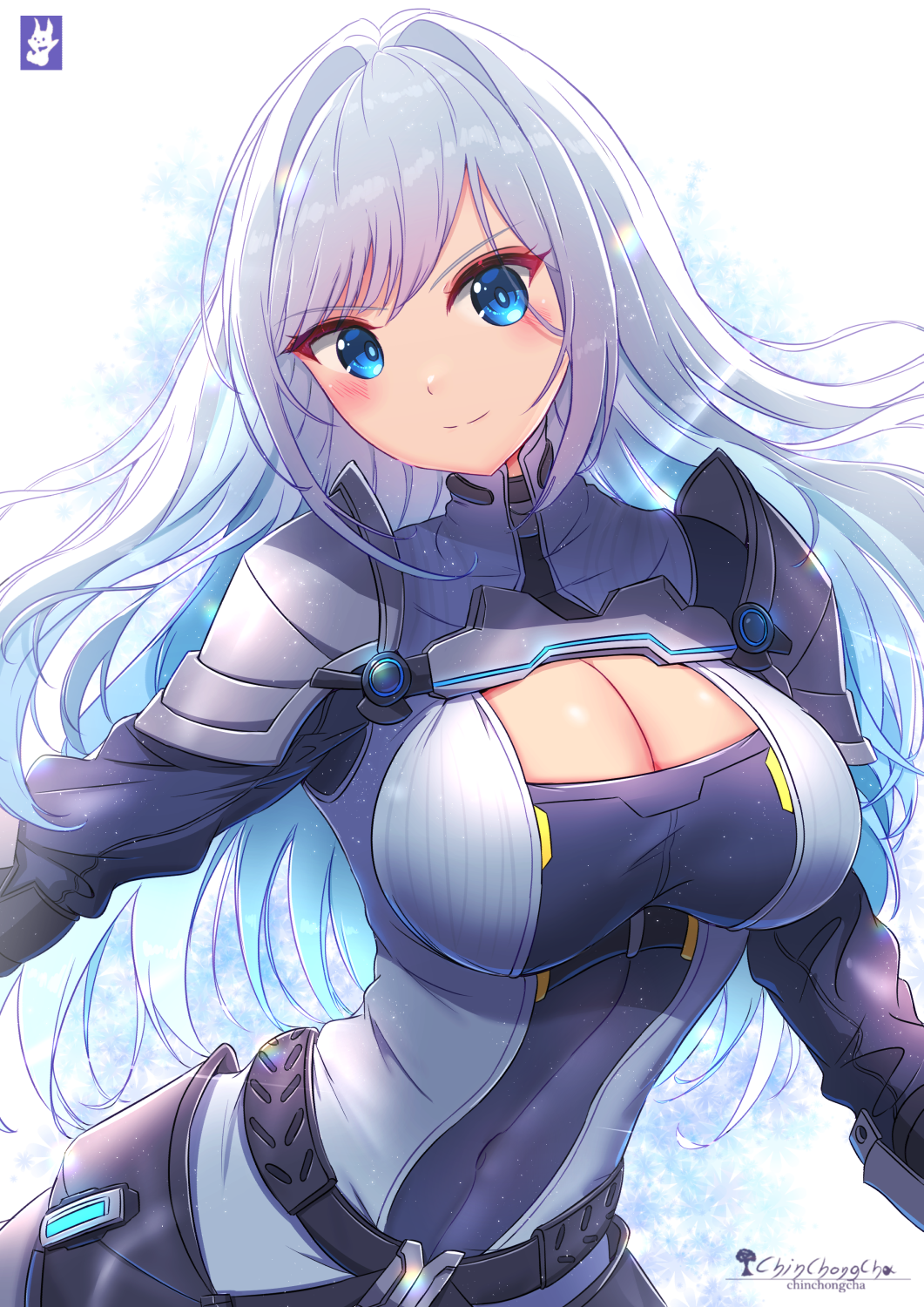 1girl armor artist_name belt blue_eyes blue_hair breasts center_opening chinchongcha cleavage cleavage_cutout closed_mouth clothing_cutout colored_inner_hair contrapposto covered_navel dot_nose english_commentary ethel_(xenoblade) grey_hair happy highres large_breasts light_blue_hair long_hair multicolored_hair shoulder_armor smile solo split_mouth white_hair xenoblade_chronicles_(series) xenoblade_chronicles_3