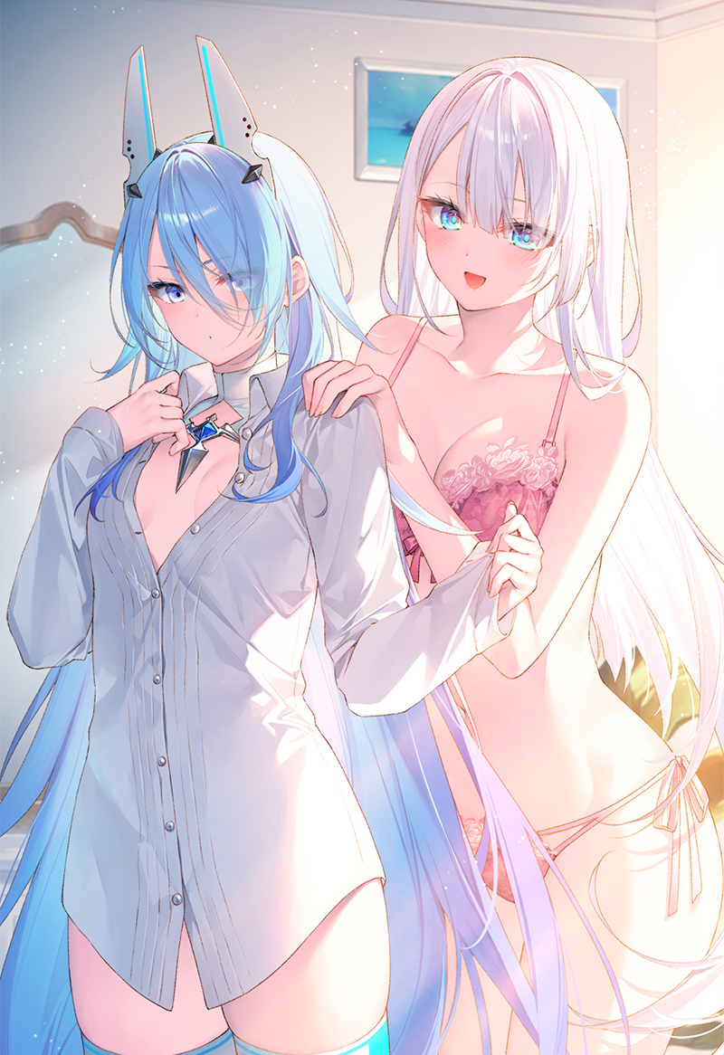 2girls :d backlighting bare_arms bare_shoulders blue_eyes blue_hair blue_thighhighs bra breasts character_request collarbone collared_shirt cowboy_shot dress_shirt expressionless eyes_visible_through_hair flat_chest hair_between_eyes hand_on_another's_shoulder headgear lingerie long_hair long_sleeves looking_at_viewer lyseria_christaria medium_breasts multi-strapped_panties multiple_girls navel no_bra open_mouth panties partially_unbuttoned pink_bra pink_panties seiken_gakuin_no_maken_tsukai shirt side-tie_panties smile standing string_bra string_panties thighhighs thighs toosaka_asagi underwear underwear_only very_long_hair white_hair white_shirt