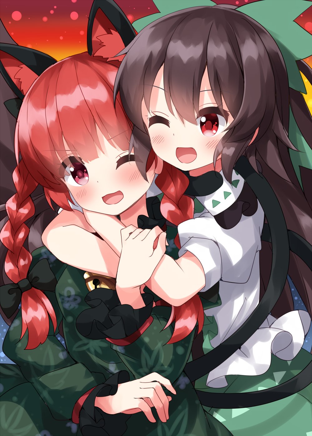 :d animal_ear_fluff animal_ears bell black_bow blush bow braid brown_hair cat_ears cat_tail dress extra_ears fire friends green_bow green_dress green_skirt highres hug jingle_bell kaenbyou_rin long_hair multiple_tails one-hour_drawing_challenge one_eye_closed open_mouth puffy_short_sleeves puffy_sleeves red_background red_eyes red_hair reiuji_utsuho ruu_(tksymkw) short_sleeves skirt sky smile star_(sky) starry_sky tail tail_hug third_eye touhou twin_braids two_tails