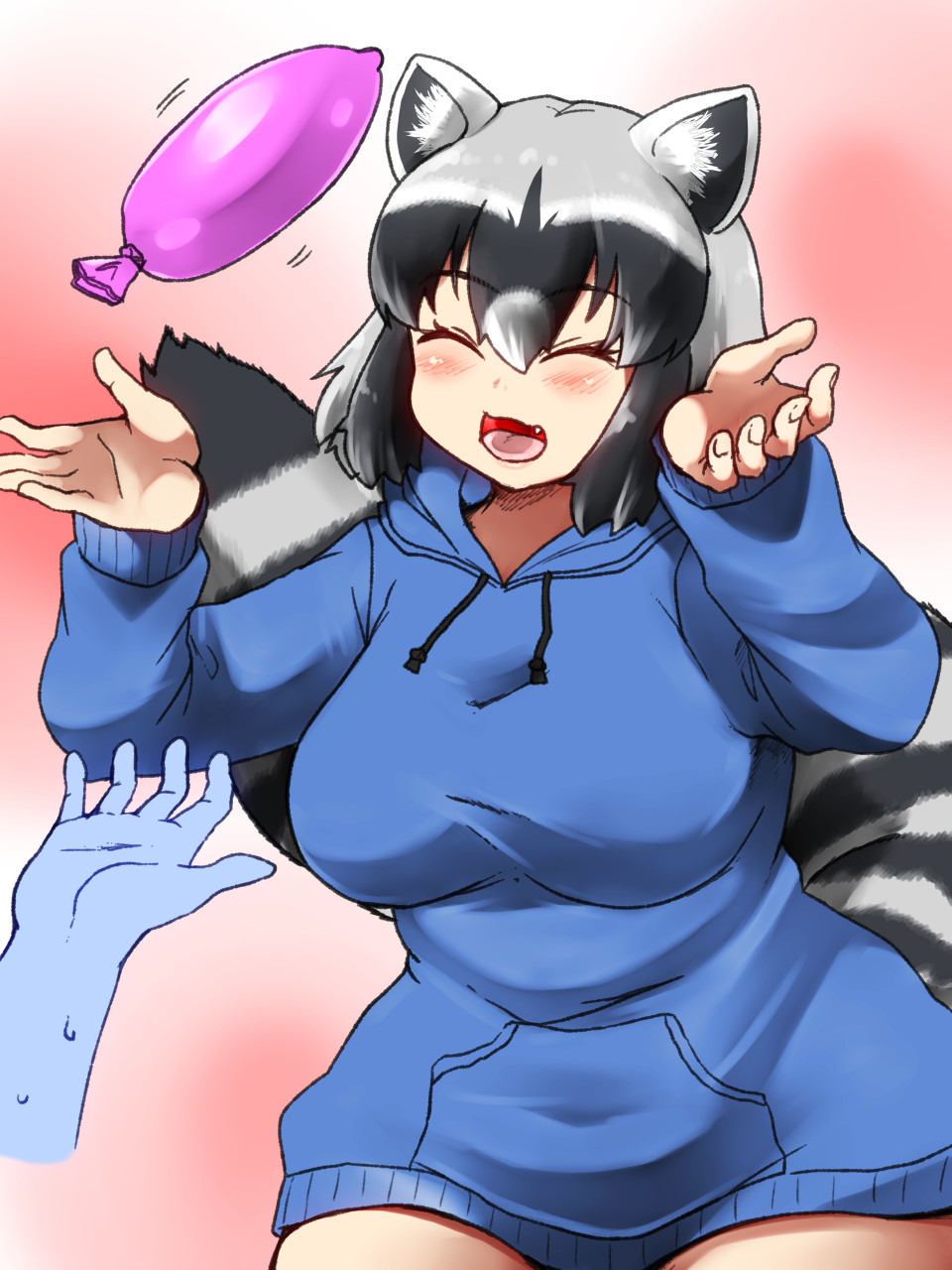 1girl 1other ^_^ alternate_costume animal_ears bangs black_hair blush breasts closed_eyes commentary_request common_raccoon_(kemono_friends) condom cowboy_shot drawstring eyelashes fang fingernails grey_hair hair_between_eyes hands_up happy highres hood hood_down hoodie isna_(footprintsofisna) kemono_friends large_breasts leaning_forward long_bangs long_sleeves medium_hair multicolored_hair no_pants open_mouth pocket raccoon_ears raccoon_girl raccoon_tail smile solo_focus sweat tail taut_clothes taut_sweater white_hair