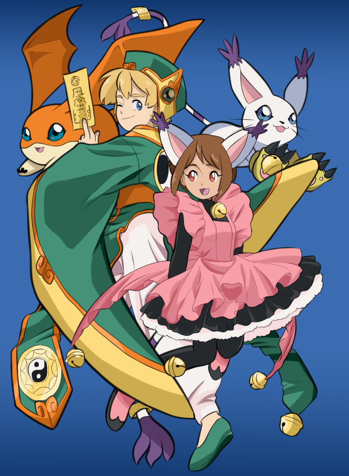 1boy 1girl alternate_costume animal_ears bangs bat_wings bell blonde_hair blue_background blue_eyes brown_hair cardcaptor_sakura claws cosplay digimon digimon_(creature) digimon_adventure dress green_headwear hat kinomoto_sakura kinomoto_sakura_(cosplay) li_xiaolang li_xiaolang_(cosplay) neck_bell one_eye_closed open_mouth patamon shoes short_hair simple_background smile tailmon takaishi_takeru valtren whiskers wings yagami_hikari yin_yang yin_yang_print