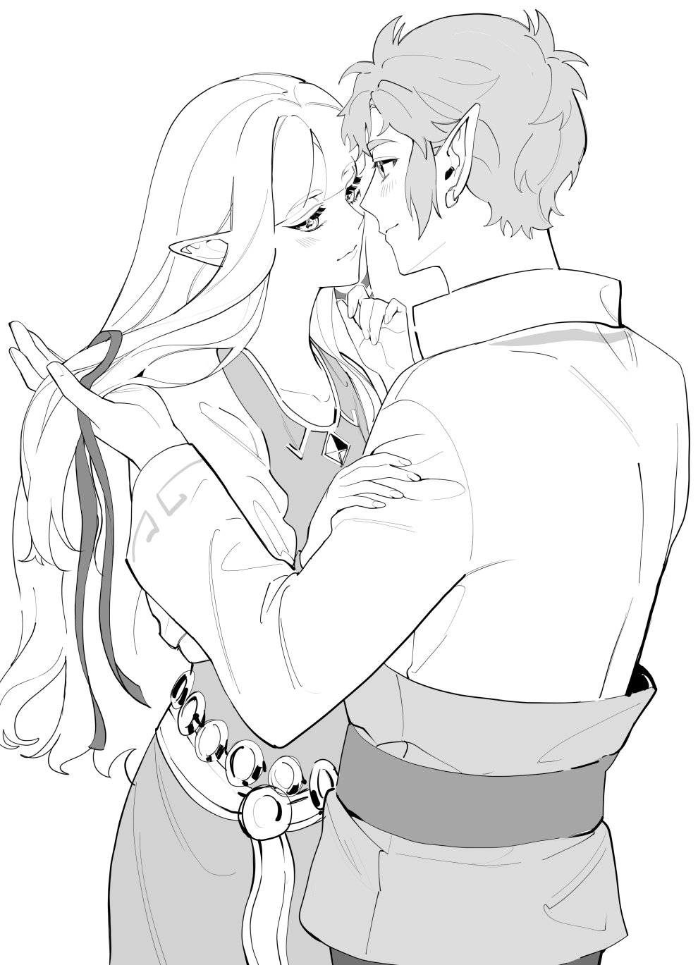 1boy 1girl bangs belt blunt_bangs blush collared_shirt couple cowboy_shot dress earrings gam922 greyscale hair_between_eyes hair_ribbon hair_undone hand_in_another's_hair hetero highres imminent_kiss jewelry link long_hair long_sleeves looking_at_another monochrome pointy_ears princess_zelda ribbon shirt short_hair sidelocks the_legend_of_zelda the_legend_of_zelda:_skyward_sword white_background white_shirt