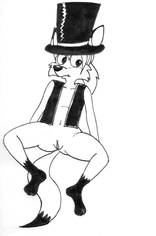 anthro bottomless canid canine clothed clothing female fox genitals grin hat headgear headwear long_tail looking_at_viewer lying mammal markings millie_(ozy_and_millie) monochrome on_back ozy_and_millie partially_clothed pussy reddragonkan smile solo top_hat topwear traditional_media_(artwork) vest webcomic