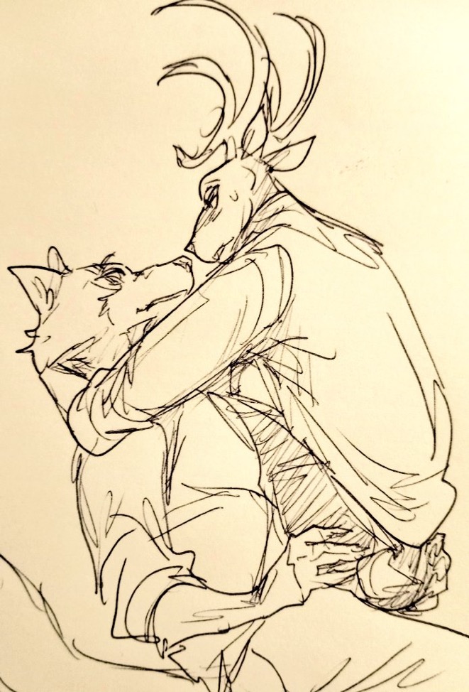 anthro antlers arms_around_neck beastars blush bodily_fluids butt butt_grab canid canine canis cervid clothed clothing duo embrace face_to_face fully_clothed half-closed_eyes hand_on_butt horn hug legoshi_(beastars) looking_at_another looking_at_partner louis_(beastars) male male/male mammal narrowed_eyes sweat wuffinarts