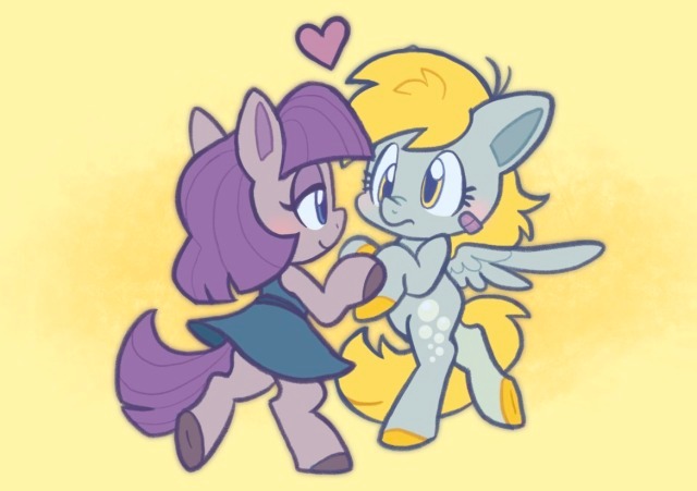 &lt;3 band-aid bandage bangs biped blonde_hair blue_eyes blush cutie_mark derpy_hooves_(mlp) digital_media_(artwork) duo earth_pony equid equine feathered_wings feathers female friendship_is_magic grey_body grey_hooves hair hasbro hooves horse mammal maud_pie_(mlp) my_little_pony pegasus pony purple_hair purple_tail raystarkitty semi-anthro simple_background wings yellow_background yellow_eyes yellow_hooves yellow_tail
