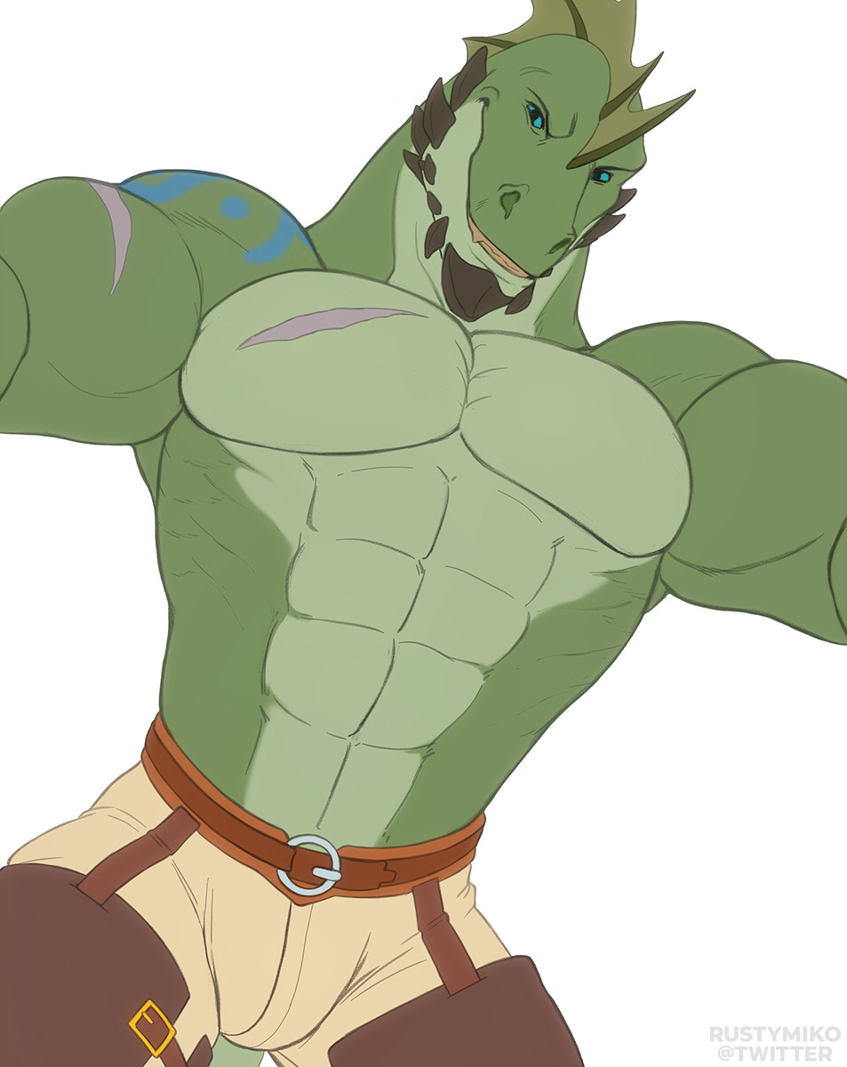 2022 abs anthro biped blue_eyes bulge cheek_spikes chin_spikes digital_media_(artwork) dragon facial_spikes green_body hi_res looking_at_viewer looking_down_at_viewer male muscular muscular_anthro muscular_male pecs reptile rustymiko scalie scar simple_background smile smiling_at_viewer solo spikes spikes_(anatomy) white_background