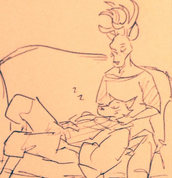 anthro antlers beastars canid canine canis cervid clothed clothing cradling duo eyes_closed fully_clothed furniture hand_in_pocket head_on_lap horn legoshi_(beastars) louis_(beastars) male male/male mammal on_lap pockets sleeping sleeping_on_partner sofa wolf wuffinarts