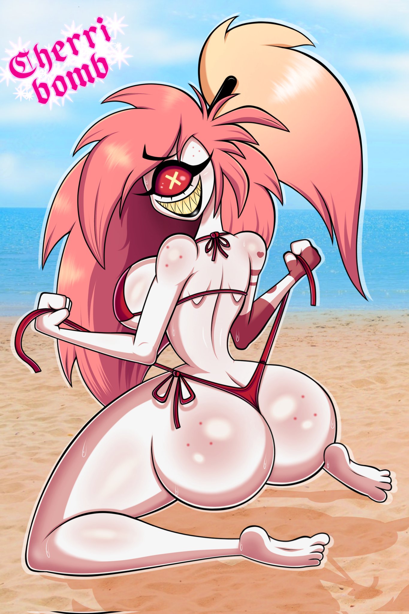 1_eye 2022 beach big_breasts big_butt bikini bikini_bottom_removed blonde_hair bodily_fluids breasts bubble_butt butt cherri_bomb_(hazbin_hotel) clothed clothing curvaceous curvy_figure cyclops demon demon_humanoid detailed_background digital_drawing_(artwork) digital_media_(artwork) drawsfigures eyelashes feet female freckles freckles_on_butt hair hazbin_hotel hi_res hourglass_figure huge_breasts huge_butt humanoid kneeling long_hair looking_at_viewer looking_back multicolored_hair not_furry outside pink_hair ponytail red_sclera sea seaside sharp_teeth side-tie_bikini side_boob skimpy skimpy_bikini small_waist smile solo sweat swimwear teeth thick_thighs toes two_tone_hair voluptuous water white_body white_skin wide_hips x_pupils