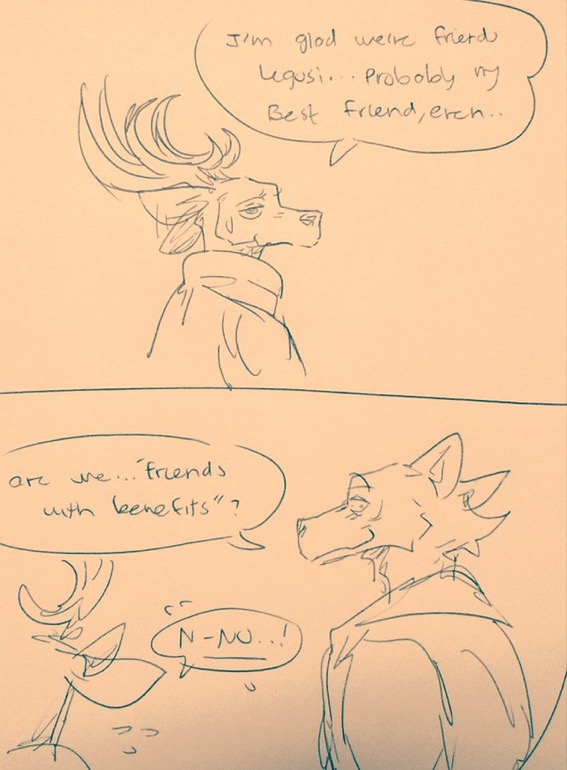 antlers beastars blush bodily_fluids canid canine canis cervid clothed clothing dialogue duo flustered fully_clothed horn legoshi_(beastars) looking_at_another looking_at_partner looking_at_viewer louis_(beastars) male male/male mammal smile speech_bubble sweat wuffinarts