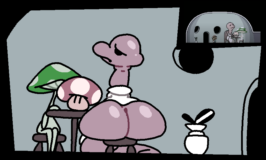 ambiguous_gender anthro big_butt butt clothing fungus furniture meat_(vinesauce) mushroom robe sad simple_background superiorfox table worm