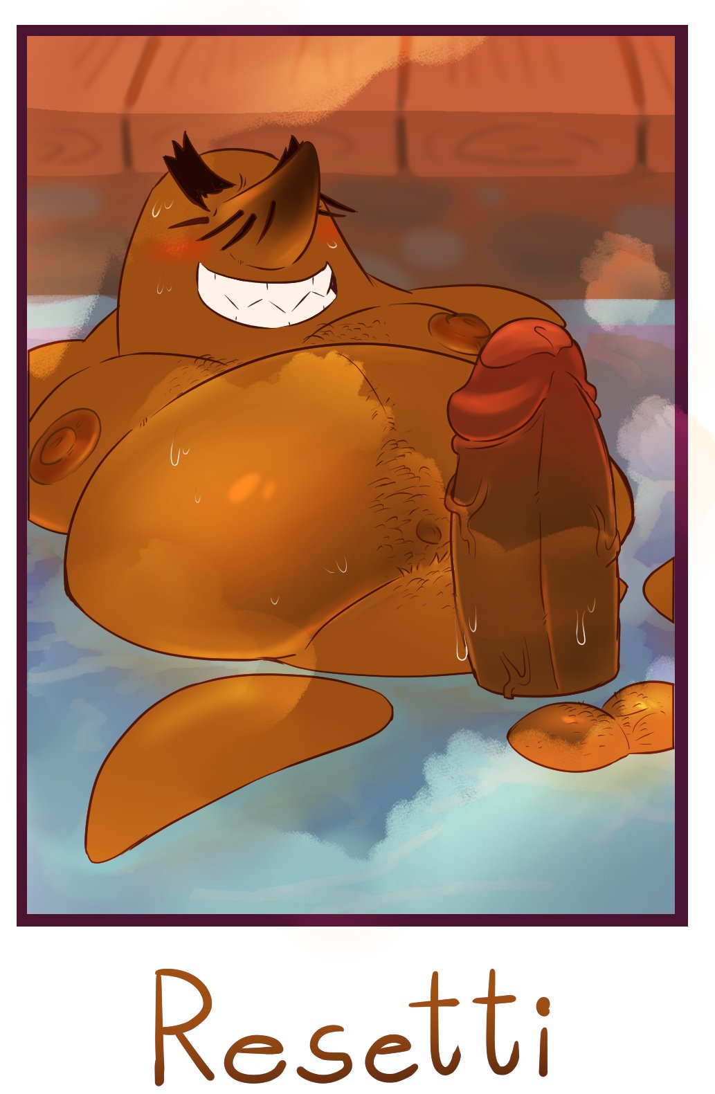 2022 animal_crossing anthro balls bathing belly big_belly blush brown_body erection eulipotyphlan eyes_closed genitals haxsmack hi_res male mammal mole_(animal) moobs mr._resetti nintendo nipples overweight overweight_male penis solo steam video_games water