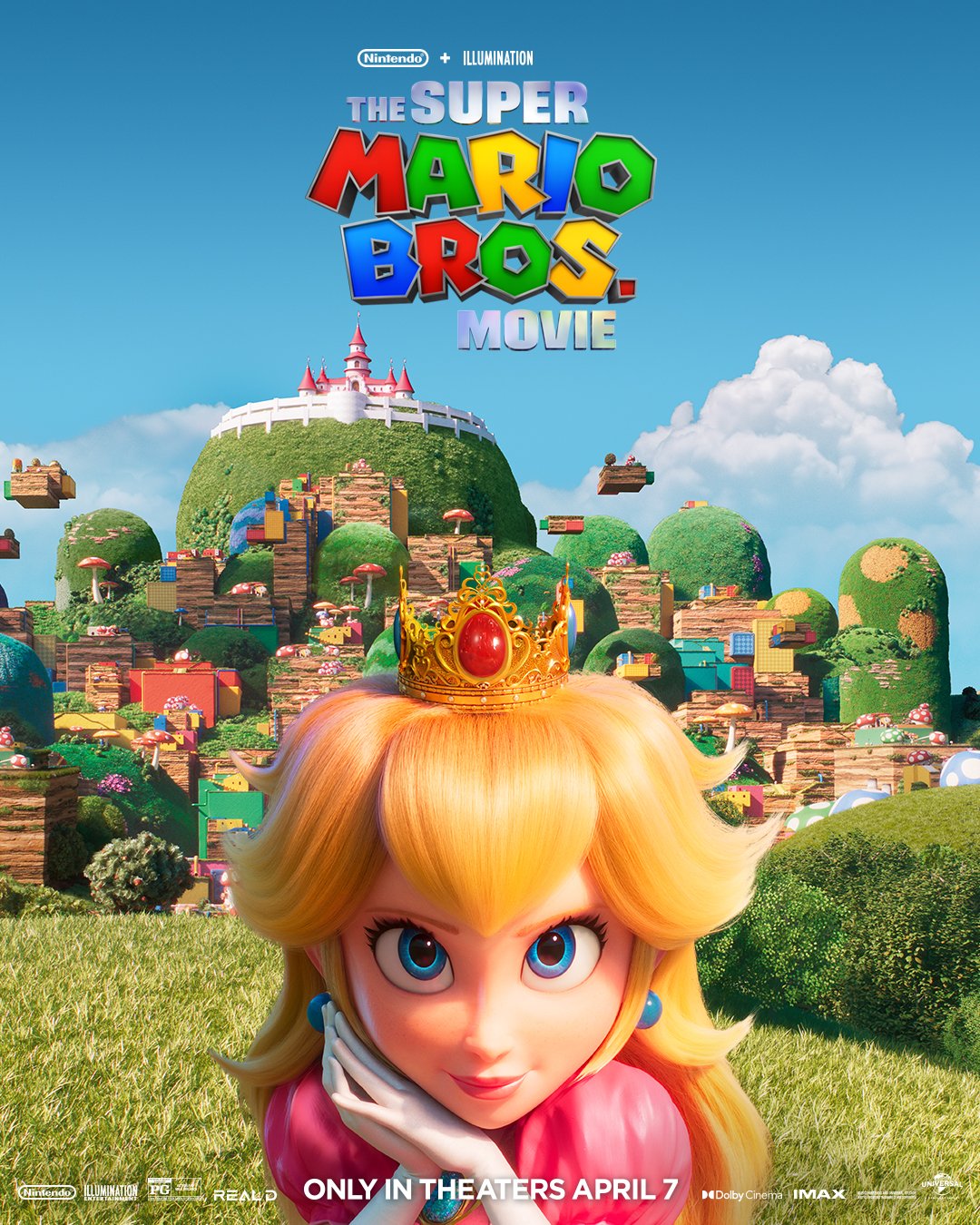 1girl 3d bangs blonde_hair blue_eyes cloud copyright_name crown dress earrings gloves grass highres jewelry key_visual logo mario_(series) mushroom official_art own_hands_together pink_dress portrait princess_peach princess_peach's_castle promotional_art puffy_short_sleeves puffy_sleeves short_sleeves sky smile solo the_super_mario_bros._movie tree white_gloves