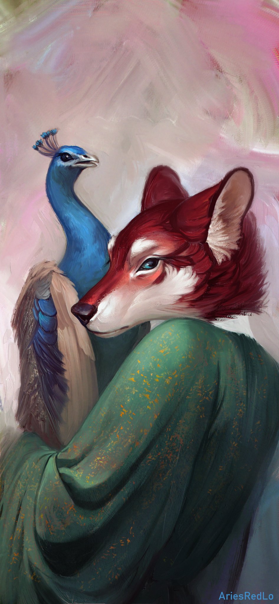 ambiguous_gender anthro avian beak bird black_nose canid canine canis clothed clothing deith_cared digital_media_(artwork) feathered_wings feathers female fur galliform hi_res mammal peafowl phasianid red_body red_fur red_wolf white_body white_fur wings wolf