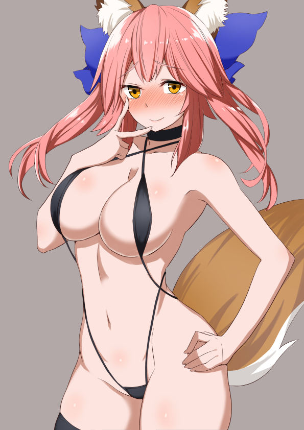 1girl animal_ear_fluff animal_ears asami_yurumu bangs bare_shoulders black_swimsuit blue_bow blush bow breasts choker cleavage closed_mouth collarbone fate/extra fate/grand_order fate_(series) fox_ears fox_girl fox_tail grey_background hair_between_eyes hair_bow hand_gesture hand_on_hip hip_focus large_breasts long_hair looking_at_viewer navel pink_hair sidelocks simple_background slingshot_swimsuit smile solo swimsuit tail tamamo_(fate)_(all) tamamo_no_mae_(fate) thighs twintails v yellow_eyes